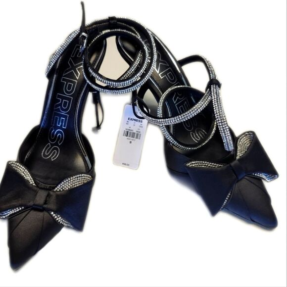 Express NWT Black Pointed Toe Rhinestone Bow Strappy Heels, Size 10 - Picture 1 of 6